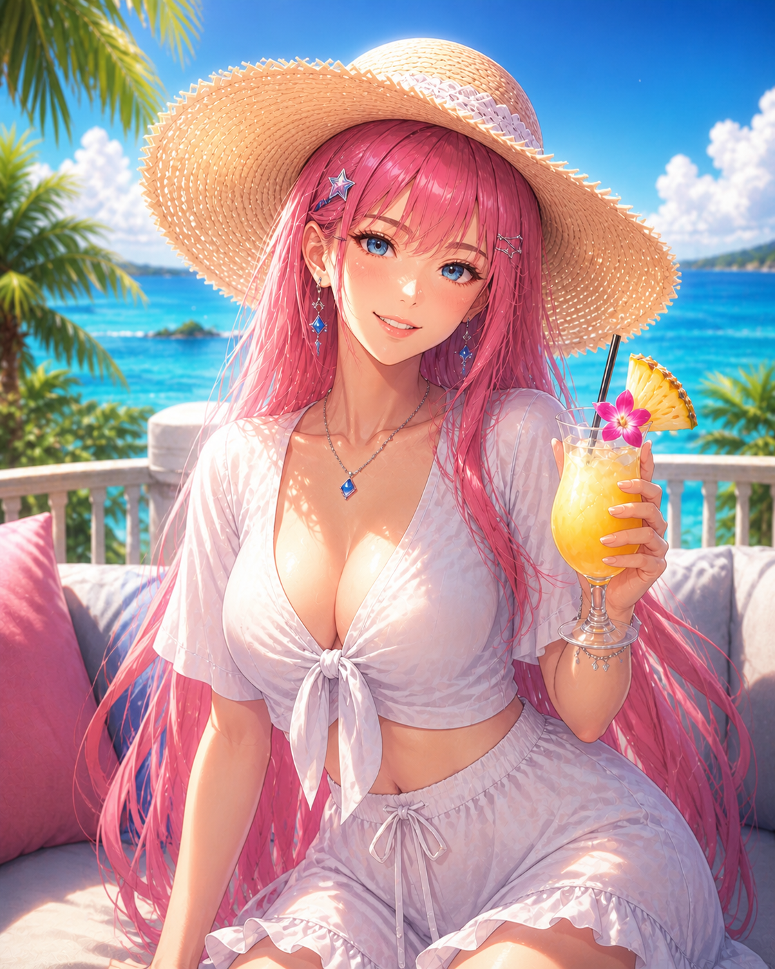 Anime Mia wearing a summer hat at the seaside resort