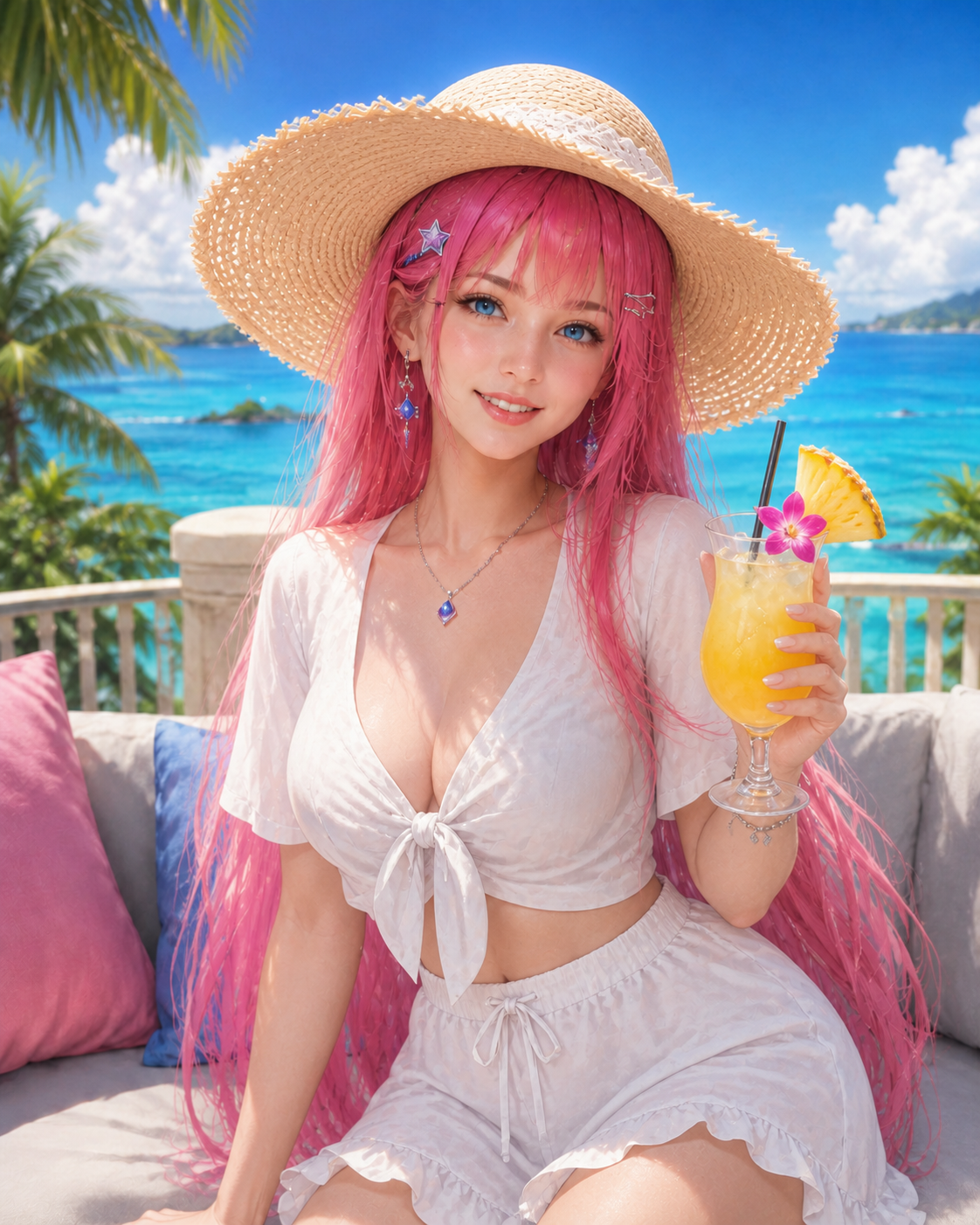 Mia wearing a summer hat at the seaside resort