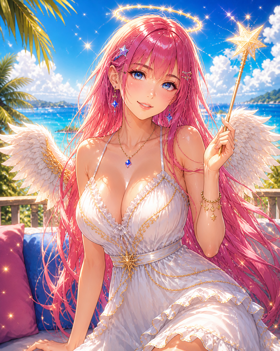 Anime Mia with a halo, wings and magic wand