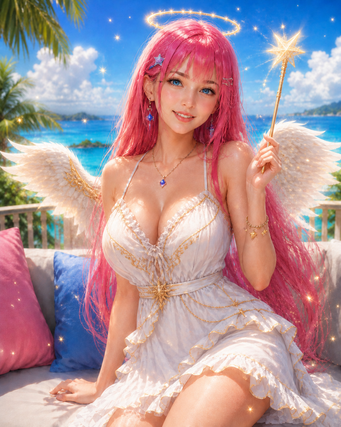 Mia with angel wings and a magic wand